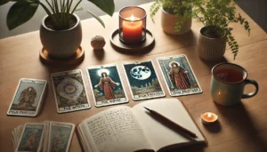 Imagem de tarot como espelho do inconsciente, com A Lua, A Sacerdotisa e O Eremita, criando um ambiente de reflexão e intuição.