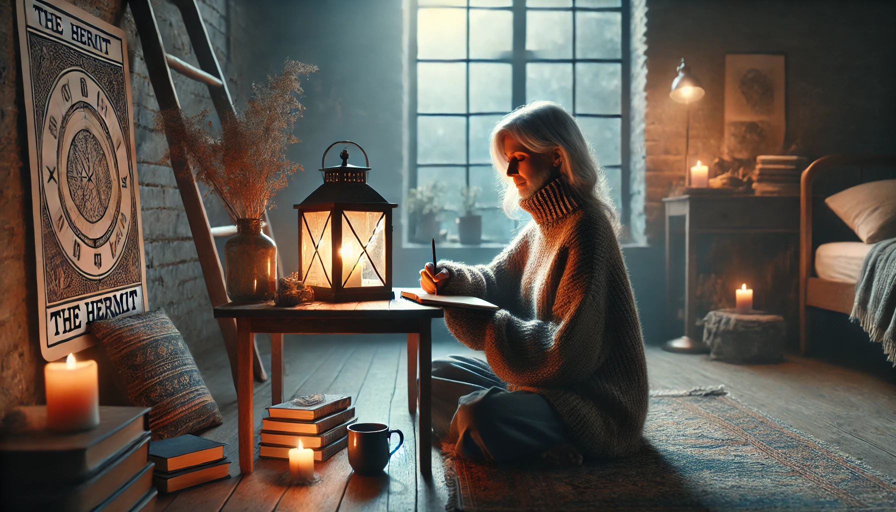 Mulher sentada com lanterna e diário, representando O Eremita no tarot como símbolo de introspecção e escuta interior.