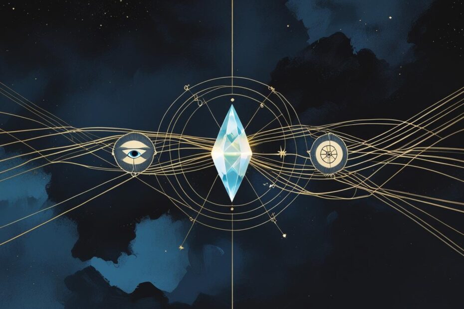 Representação visual da tarot e sincronicidade, mostrando interconexão de eventos e símbolos arquetípicos.