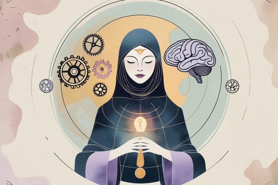 Ilustração artística com elementos de psicologia e Tarot, representando a intersecção do conhecimento interior e dos símbolos arquetípicos.
