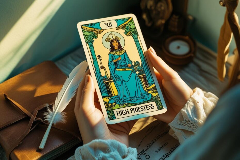 Representação visual de Tarot e Autoconhecimento, com cartas de baralho em foco, simbolizando a jornada de crescimento pessoal.