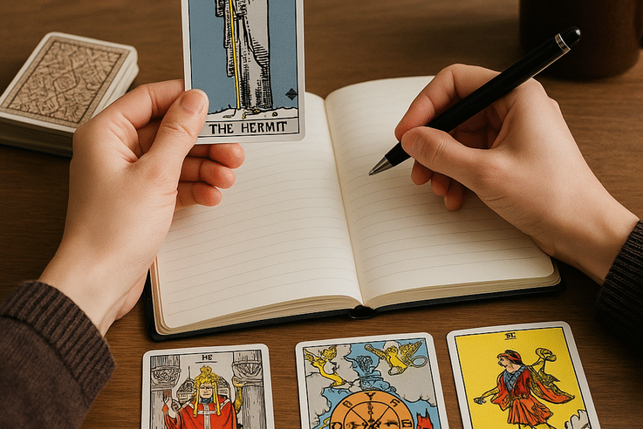Pessoa segurando carta do Eremita com caderno aberto e outras cartas sobre mesa, representando o tarot racional.