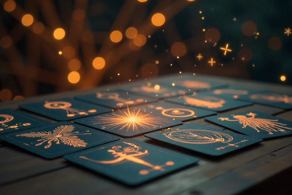 Cena de leitura de tarot com cartas e padrões cerebrais, unindo simbolismo e ciência cognitiva