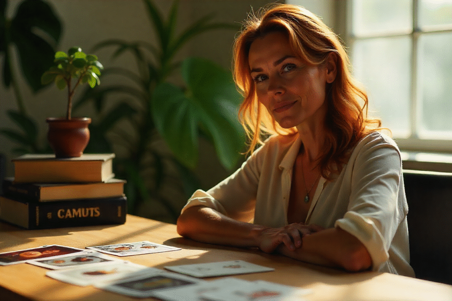 Taróloga aplicando existencialismo no tarot secular, explorando escolhas e responsabilidade pessoal.