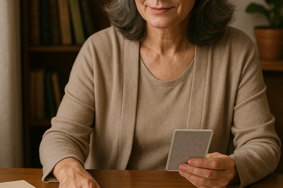 Taróloga em ambiente sereno estudando psicologia positiva e tarot