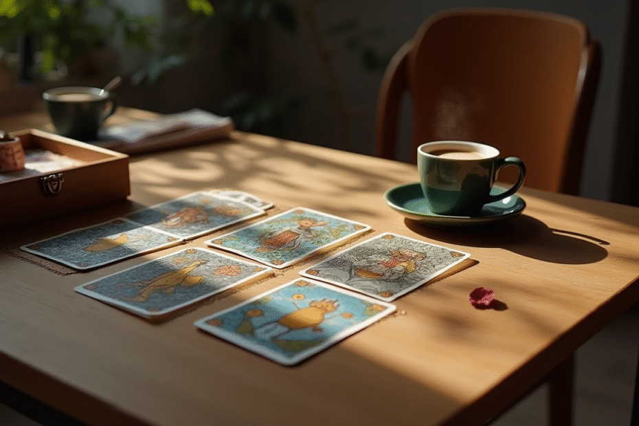 Cartas de Tarot na mesa com caderno e chá representando Tarot e neurociência no processamento de símbolos e arquétipos.