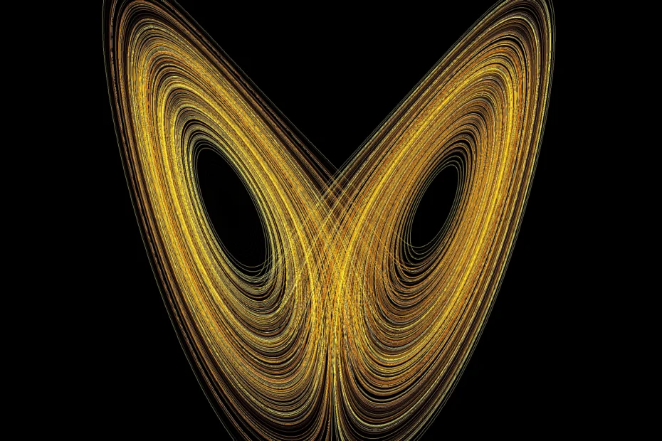 Representação visual da Teoria do Caos no Tarot, com linhas douradas em forma de borboleta simbolizando o padrão oculto e as conexões entre acaso e sincronicidade.