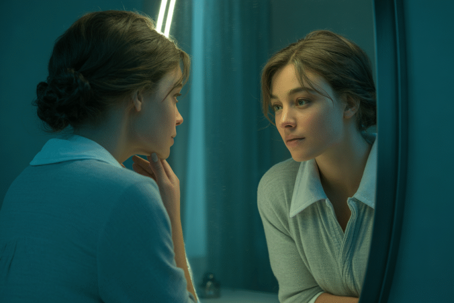 Mulher jovem olhando atentamente para seu reflexo no espelho, em um ambiente suave e introspectivo, com expressão contemplativa.